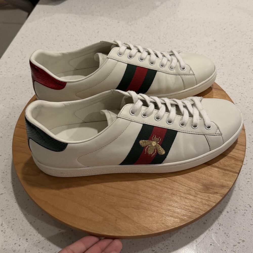 Gucci Shoes Men 11 Ace Bee White Leather Stripe Sneakers Low Top Italy Luxury